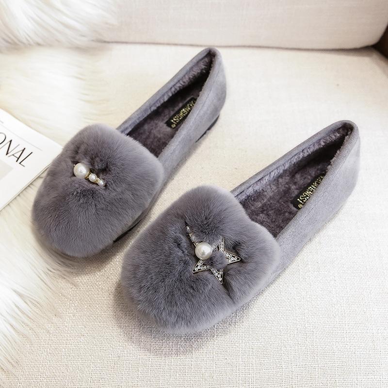 

T51 обувь из натурального кроличьего меха, ленивые хлопковые туфли женские 2025 осень и зима плюшевые теплые пушистые туфли на одной педали нескользящая уличная женская обувь 38 серый