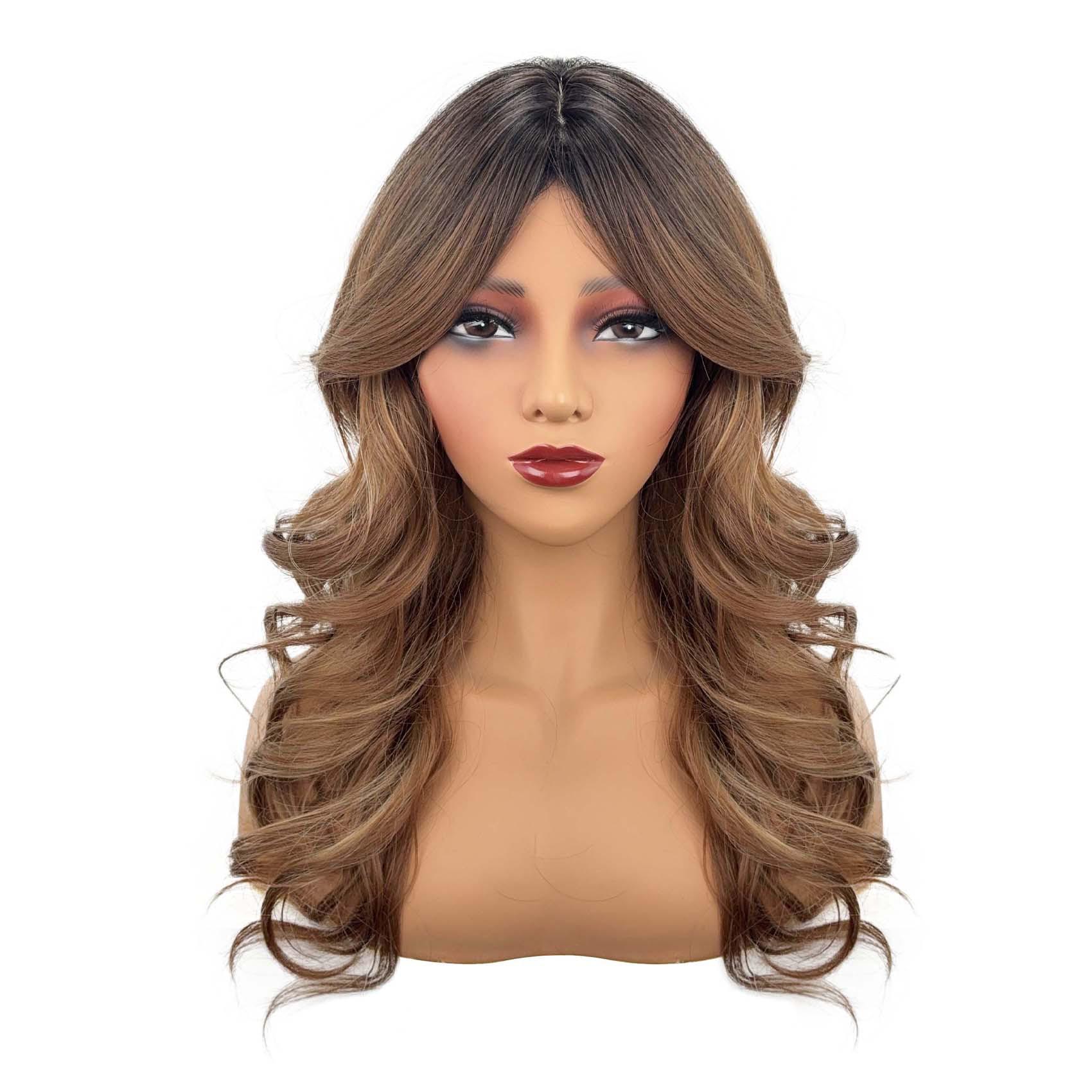 Gradient Brown Fashion Bangs Natural Curly Medium-Length Wig
