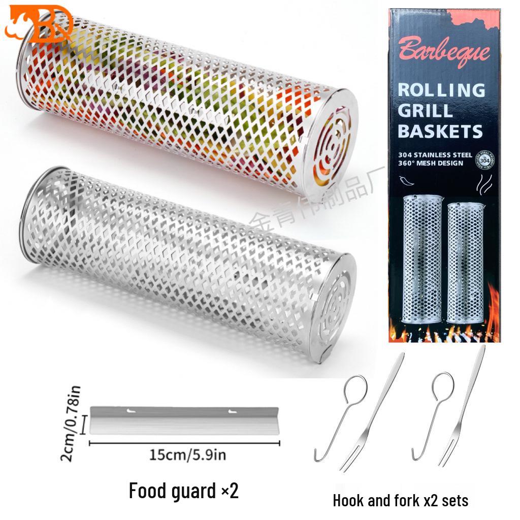 Outdoor BBQ Rolling Grill Basket, 304 Stainless Steel Barbecue Cylinder Net Cage.