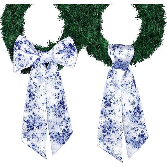 2 Pcs Wreath Sash for Front Door Reversible Chinoiserie Wreath Sash Accessories Decor for Monogram Garland Ribbon Porch Indoor Outdoor Home Party