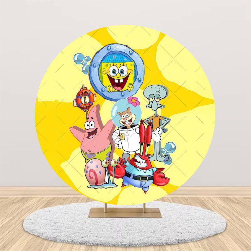 Cartoon SpongeBob Children Birthday Party Round Backdrop Cover Kid Room Decoration Baby Shower Photography Background Props