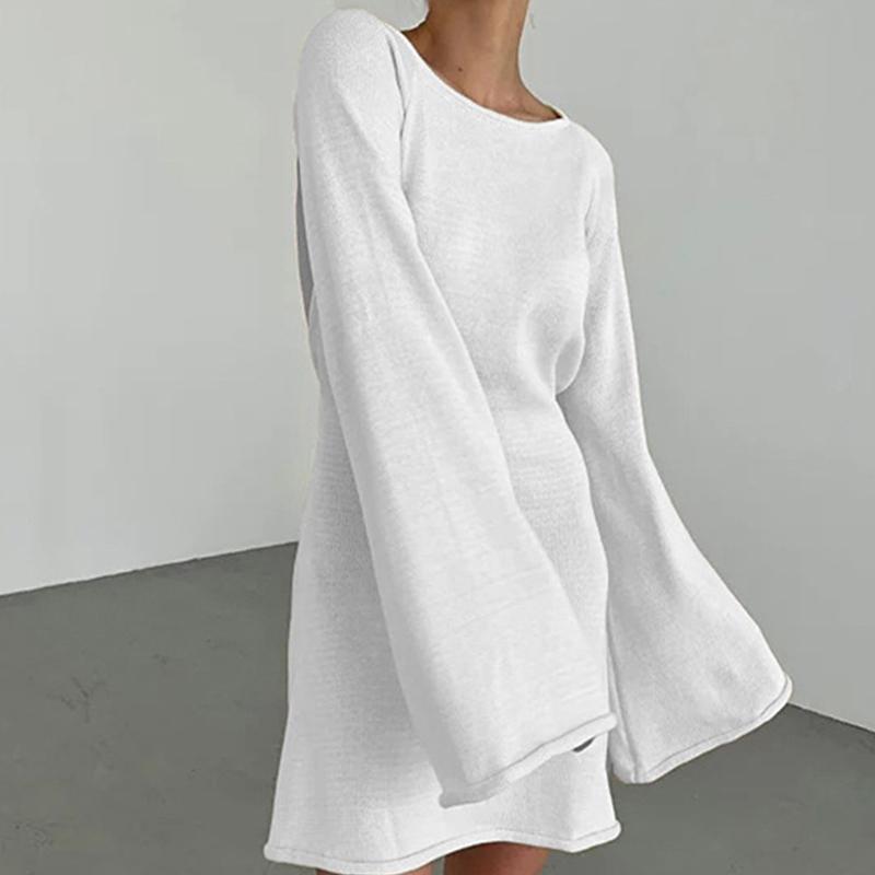 New Sexy Backless Round Collar Cover-Ups Solid Color Knit Beachwear Stylish Horn Sleeve Beach Suit Female Holiday Wrap Dress