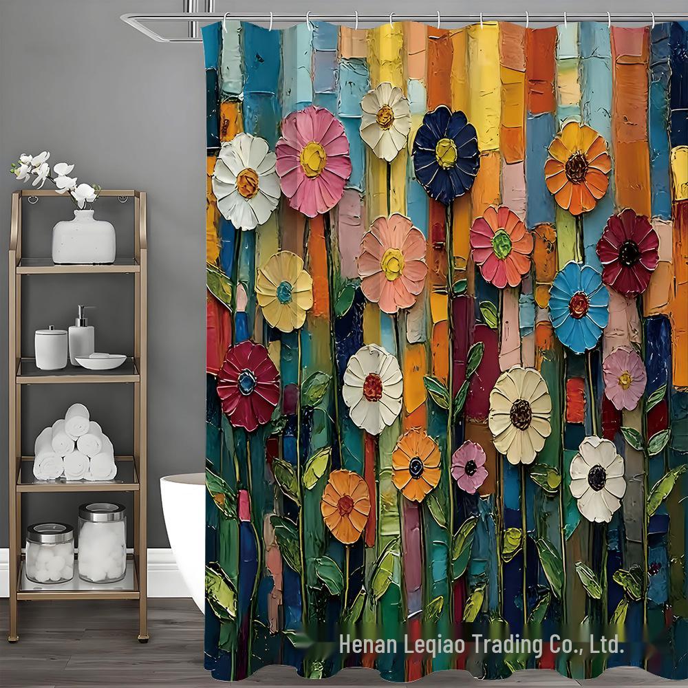 Künstlerisches Duschvorhang-Set im Ethno-Stil: Bunte Blumen & Pinselstrich-Blätter