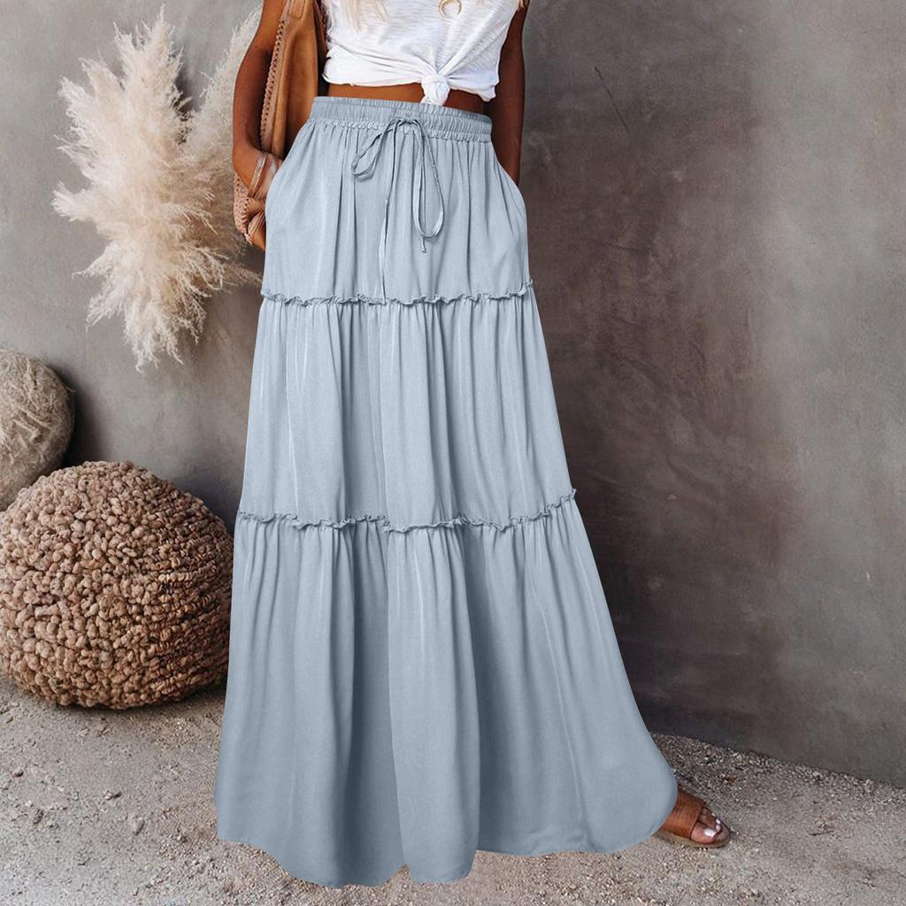 Women's Fashion Color Elastic Waist Skirt Loose Casual High Waist Tie Long Skirt
