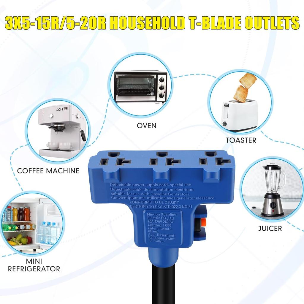 Kanayu Overload Protector 30 Amp to 110V RV Generator Distribution Adapter Cord Compatible with NEMA TT-30P to 3X 5-15R/5-20R, 30A to 15/20A,