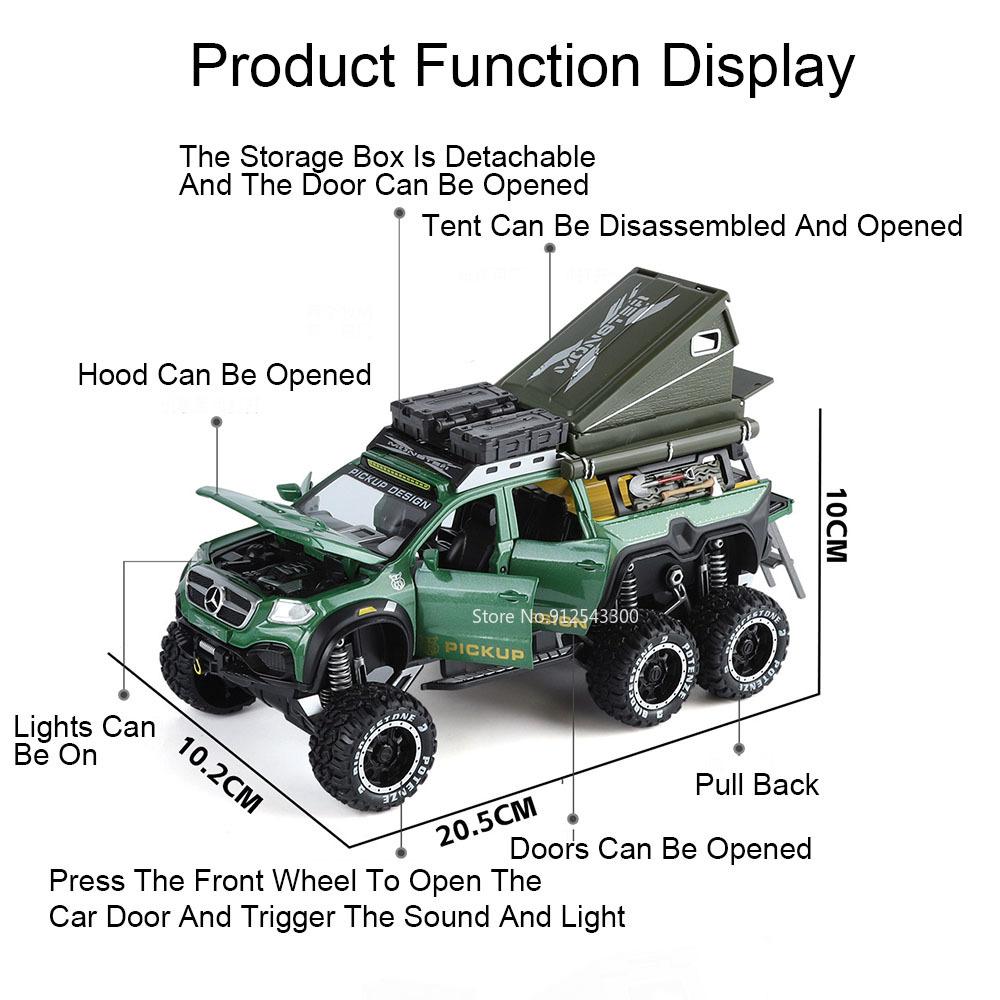 1:28 Scale X-Class 6x6 UNIMOG Motorhome Camping Car Model Toy Shock Absorption Sound Light Pull Back Off-road Vehicles Boys Gift