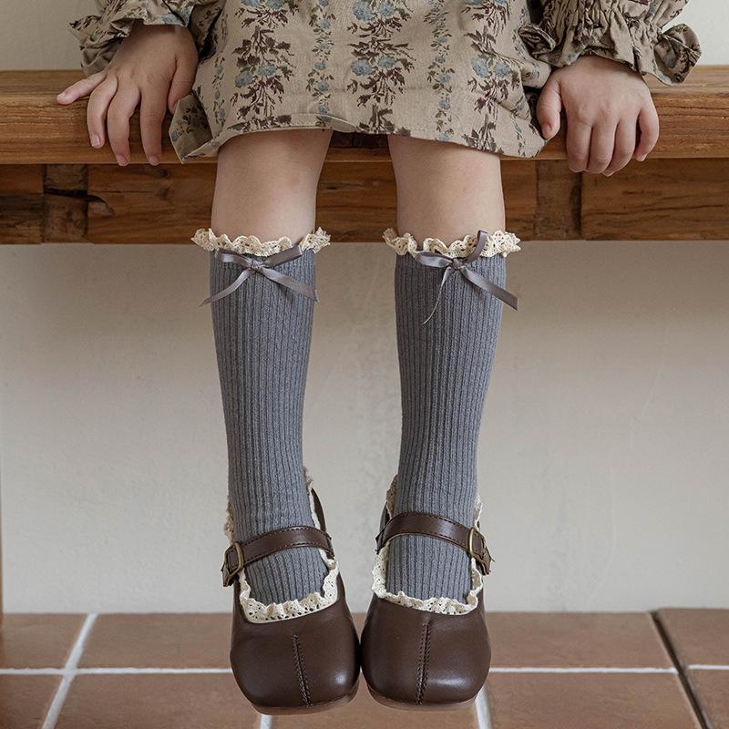

Retro Lace Bow Sock for Kids Girls Sweet Beige Coffee Color Bow Sock for Children Spring Autumn Cotton School Sock one size серый