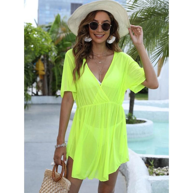 Women's See Through Mesh Deep V Irregular Waist Waist Beach Bikini Smock Dress