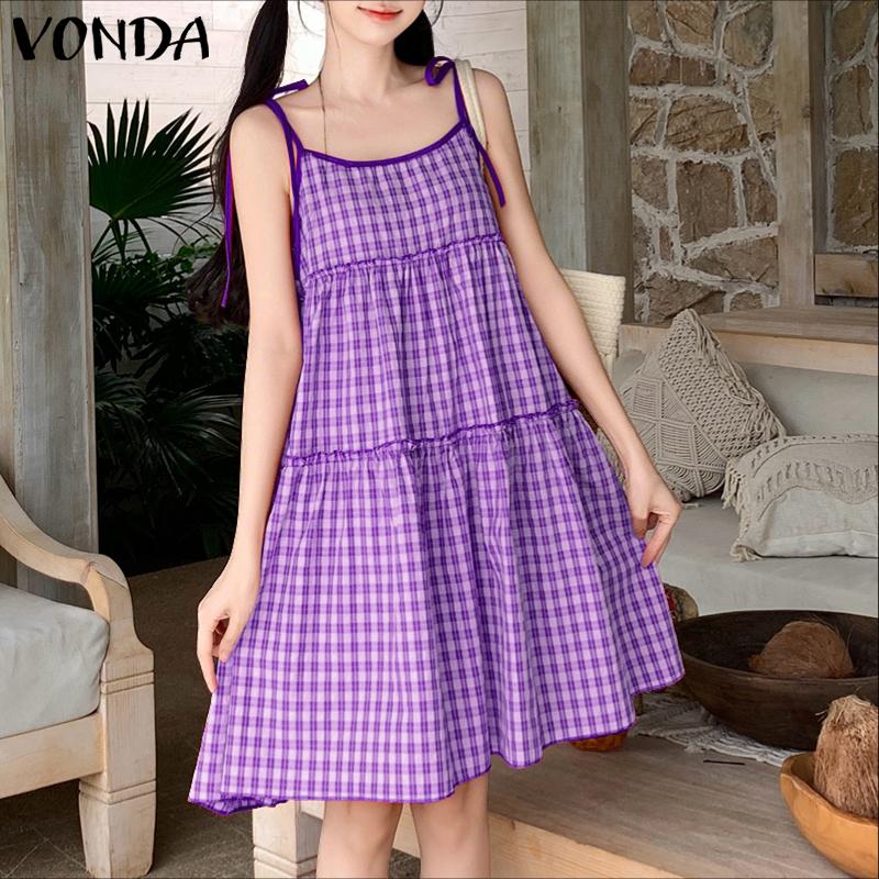 VONDA Women's Sleeveless Sling Plaid Casual Loose Pleated Tank Dress