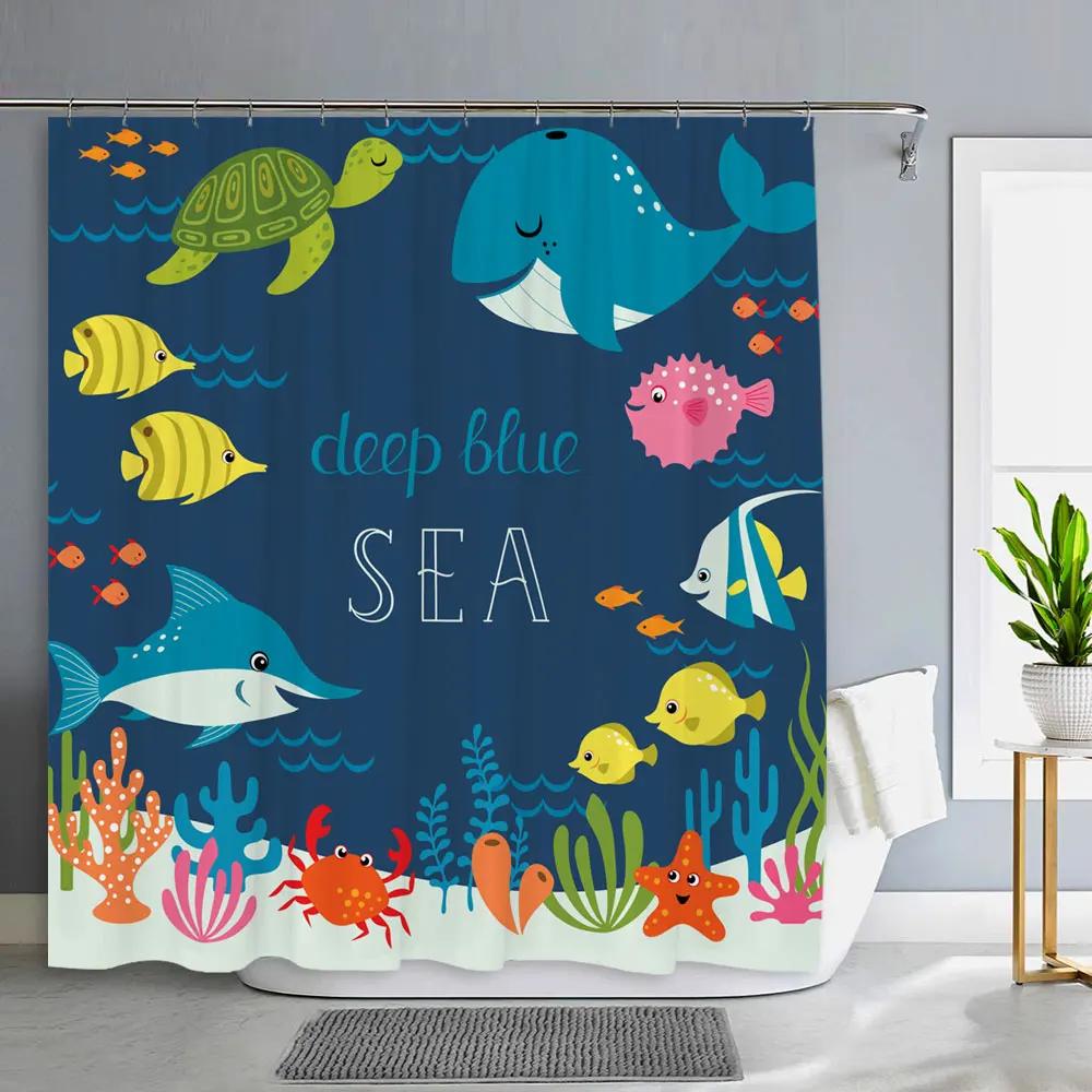 Ocean Shower Curtain for Kids Under The Sea Dolphin Fish Blue Decorative Bath Curtain Polyester Fabric Washable Bathroom Curtain