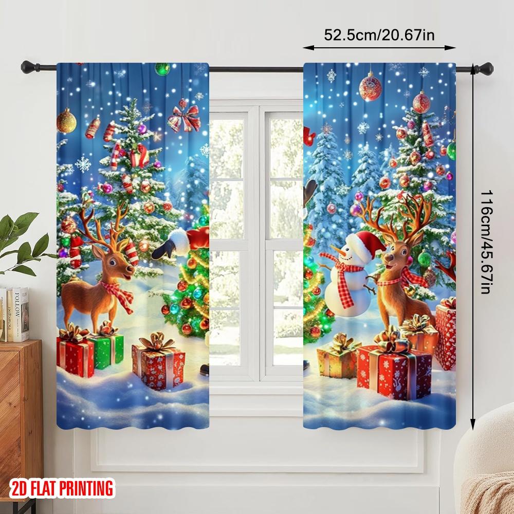 2pcs,2D plane printing Window Curtain Santa Claus and the Reindeer Festival (2) Polyester Fabric (without rod) Decorations For