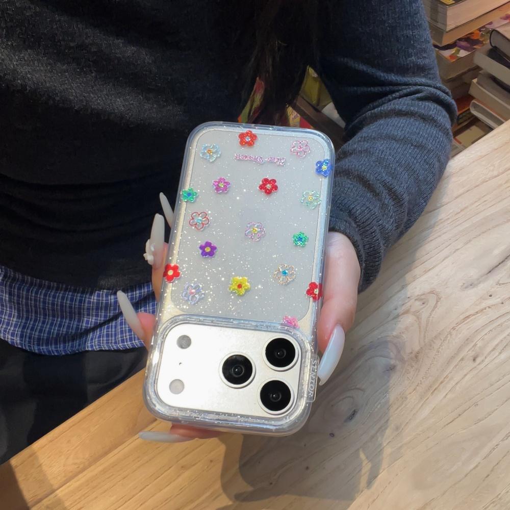 Korean ins style niche spring color flowers are suitable for Apple 17ProMax mobile phone case iphone15 new 16pro girl 17pro transparent fine flash