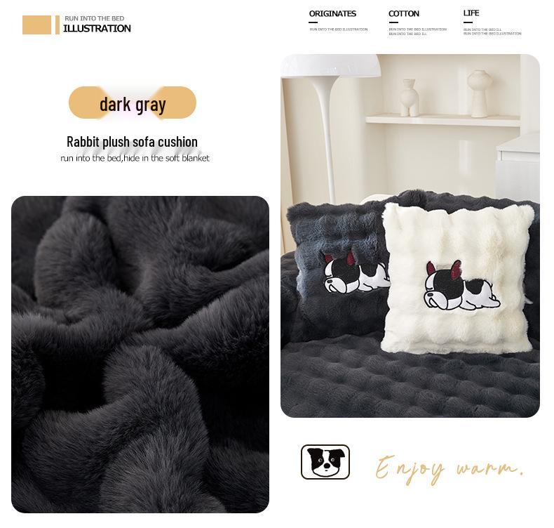 Large Rabbit Fur Plush Sofa Cushion - Winter 2025 Fleece Lined, Thickened, Non-Slip Leather Cover