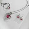 Wear-resistant Jewelry Set Red Zircon Love Heart Rhinestone Necklace Stud