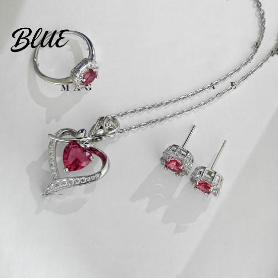 Wear-resistant Jewelry Set Red Zircon Love Heart Rhinestone Necklace Stud