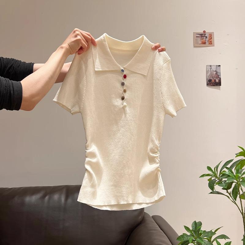 Summer sweet waist and thin shoulder POLO shirt short-sleeved T-shirt women's trend color button short top ins