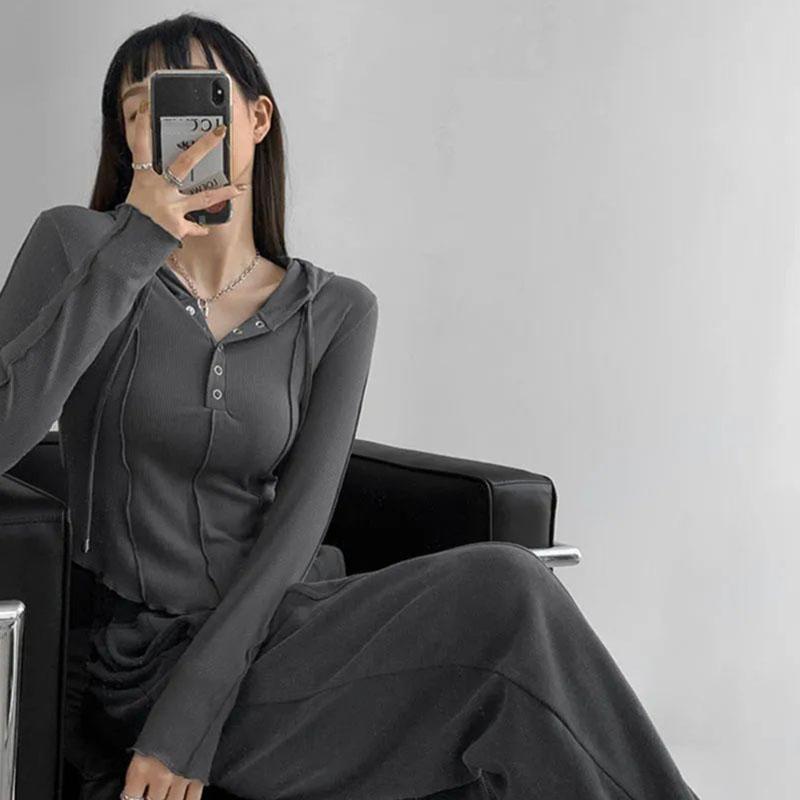 Slim Hoodie Grey Short Top High Waist Navel Exposed American Hottie Pure Desire Pressed Pleated Long Sleeve Thin T-shirt