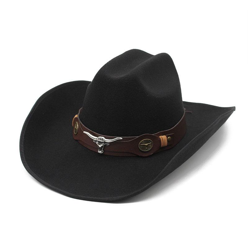 

Fashion Bull Head Decoration Western Cowboy Hats New 9.5CM Wide Brim Church Hats Gentleman Lady Jazz Cowgirl Cap 57-59CM чорний