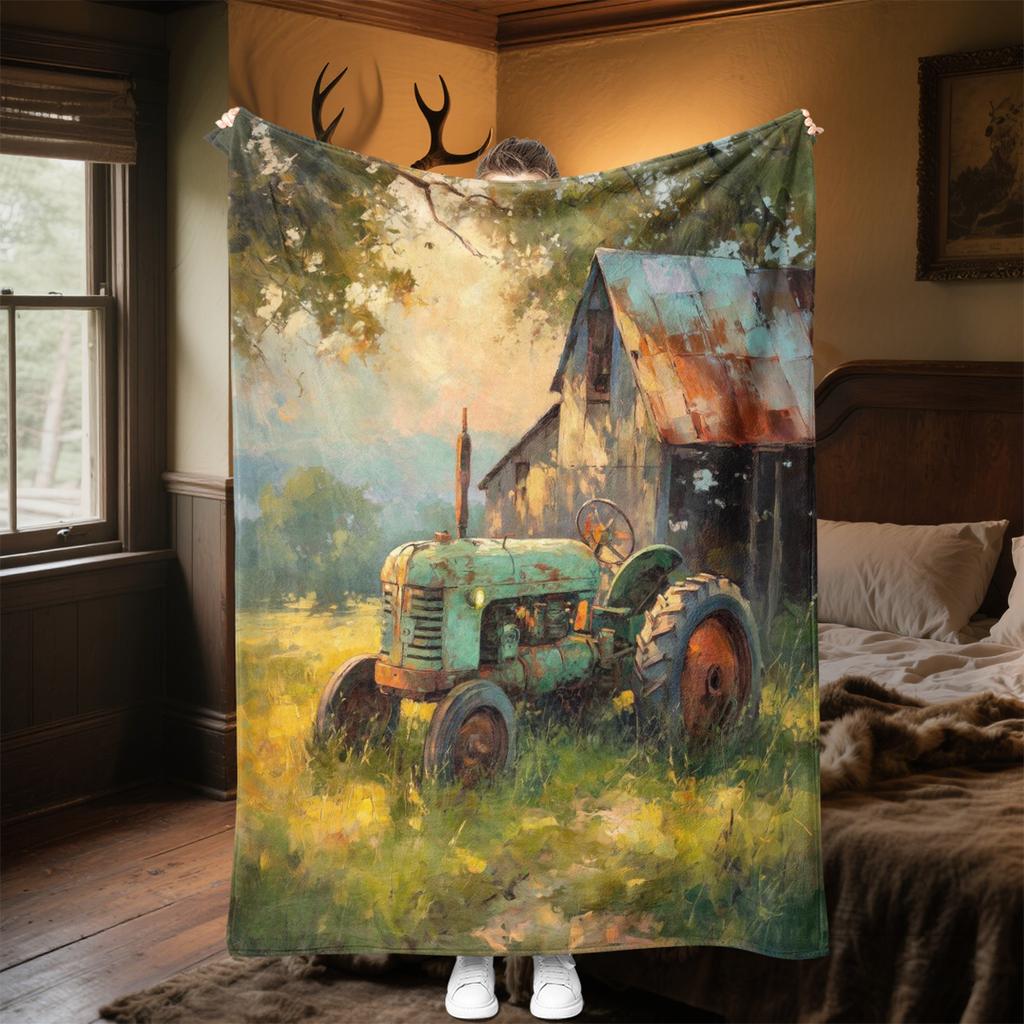 1PC Tractor Farmhouse Scene Blanket Soft Comfortable All Seasons Suitable Sofa Office Travel Festive Gift