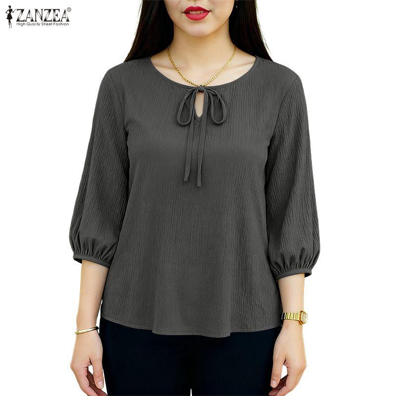 ZANZEA Women Casual Round Neck 3/4 Sleeve Loose Blouse