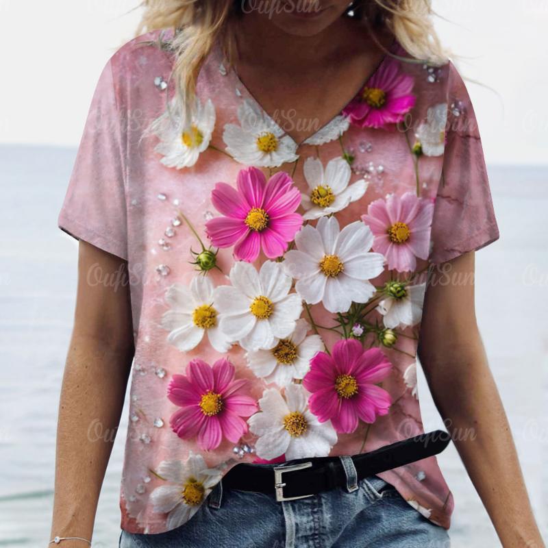 2025 Women T shirt Summer 3D Floral T-Shirt Plus Size Women's Clothing Oversized Designer Short Sleeve Shirt Women V Neck Blouse