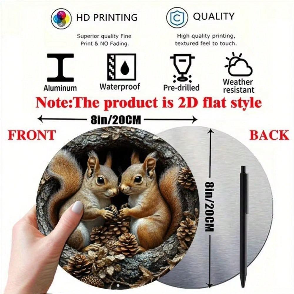 2D Flat Squirrel Aluminum Wall Art Sign, 8x8 Inch Round Rustic Autumn Decor with Pine Cones and Leaves