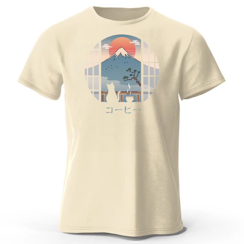 New Japanese Style Fuji Mountain Print Mens Pure Cotton Sports Running Fitness Short Sleeved Simple Style Plus Loose Tshirt