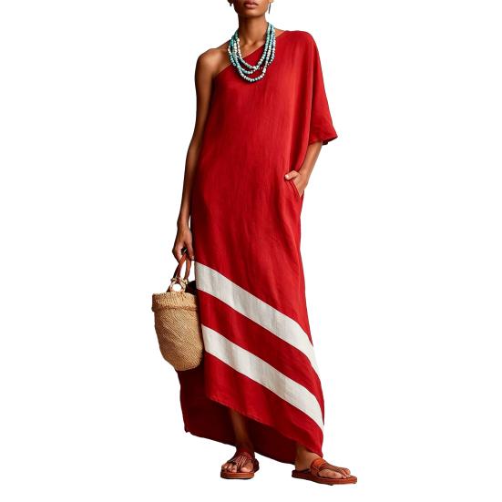 Women One Shoulder Maxi Dress, Color Block Casual Loose Long Dress, Summer Beach Vacation Flowy Sundress with Pockets