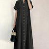 [YUANYUAN] Women's Shirt Dress, Summer Dress, Short Sleeve, Long Length, Single Front Button, Stand Collar, Plain, Casual, Relaxed Fit, Figure-Flatter