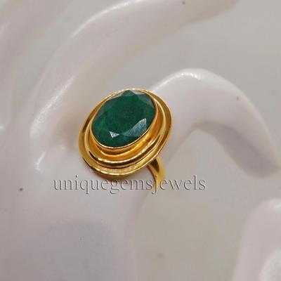 Rich Green Emerald 925 Sterling Silver Yellow Gold Fill Ring Jewelry, Handmade Artisan Gift Ring