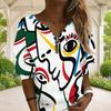 Women Plus Size Purple Blue White Geometric Leaf Print V Neck Half Zip Long Sleeve Sweatshirt