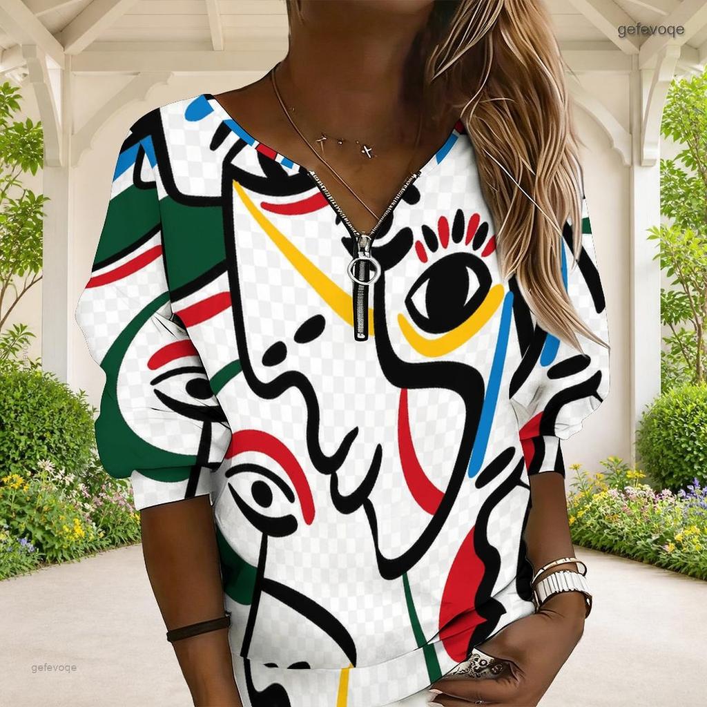 Women Plus Size Purple Blue White Geometric Leaf Print V Neck Half Zip Long Sleeve Sweatshirt