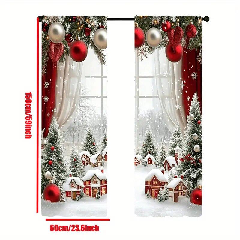 Christmas Snow Scene Forest Printed Curtains Pole Bag Home Decoration Room Curtain Set Of 2 Made Polyester Washable