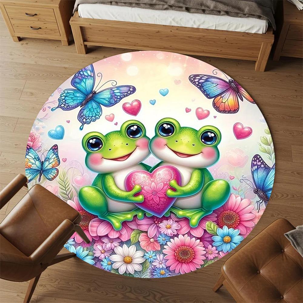1PC Frogs Flowers Butterflies Round Chair Mat Area Rug - Non-Slip, Floor Mat for Office, Bedroom, Home Decor Christmas Gift C0528015