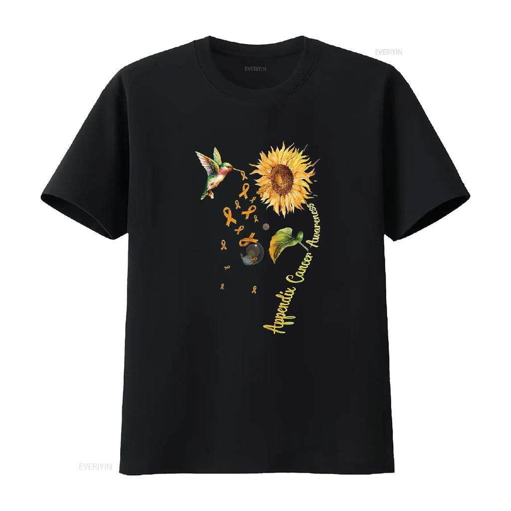 Womens Appendix Cancer Sunflower Hummingbird T Shirt Black vintage Washed fashion streetwear Stylish Stretched Unisex Casual