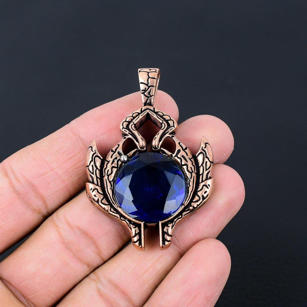Unique London Blue Topaz Gemstone Handmade Jewelry Pure Copper Wire Wrapped Pendant