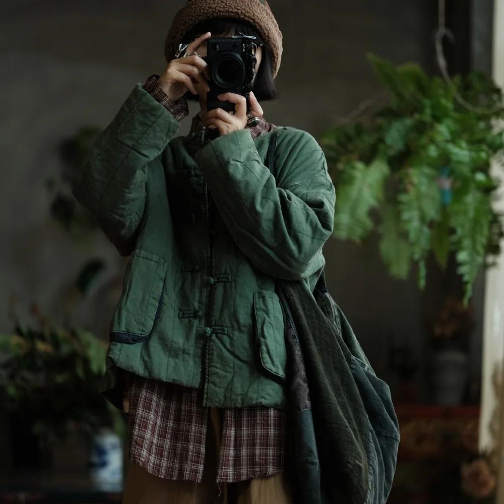 Johnature Women Vintage O-Neck Long Sleeve Autumn Coats Button Pockets Loose Warm Coats