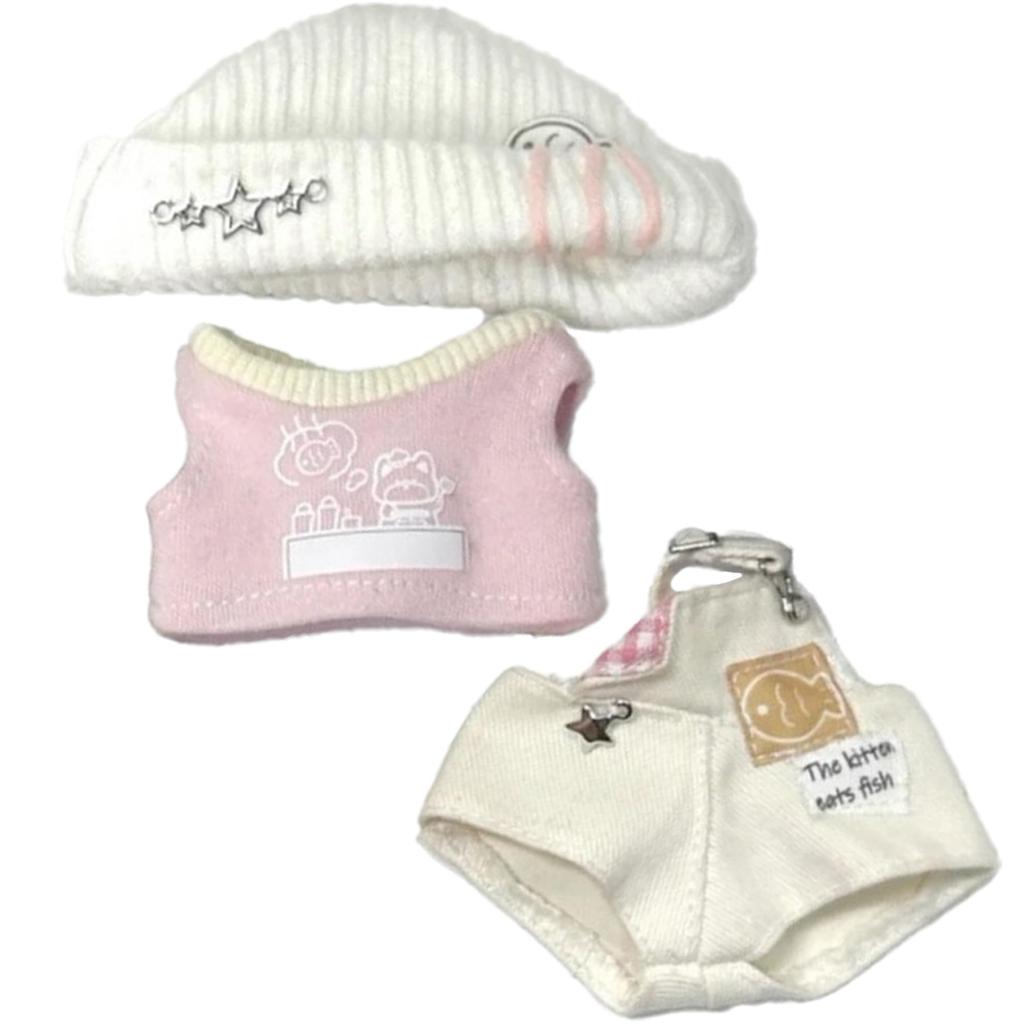 Pink Knit Hat, Shirt, and Overalls Set for 10cm Plush Toy, Kigurumi Accessories, Otaku Activities, Doll Mascot, K-Pop Doll Costume [Used]
