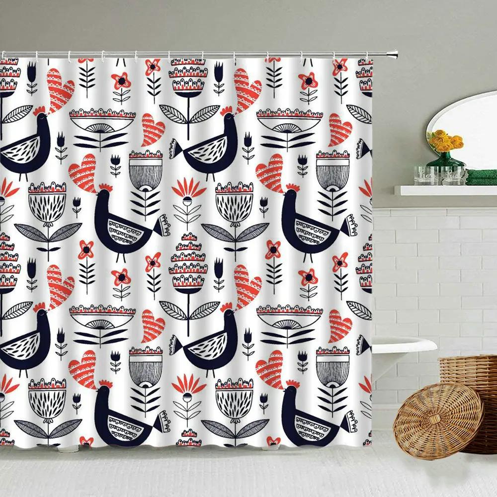 Cartoon Handbemalter Tier Duschvorhang, Katze, Vogel, Kaninchen, Pflanze, Blume, Kinder Badezimmer Dekor mit Haken, Hängender Sichtschutz