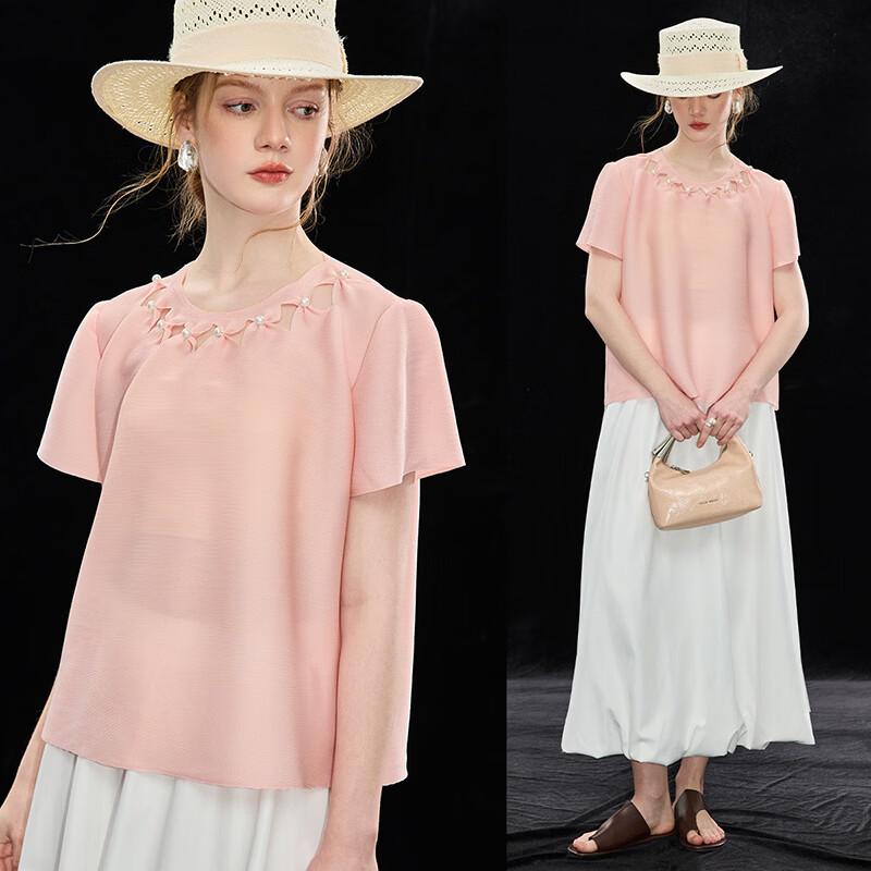 Women s Light Luxury Pleated Beaded Short Sleeve Shirt One Size светло-розовый