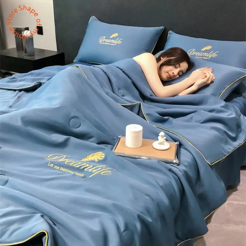 Ice Silk Summer Cool Quilt Embroidered Air Conditioning Quilt Washable Double Naked Sleeping Blanket Queen Size No Pillowcase