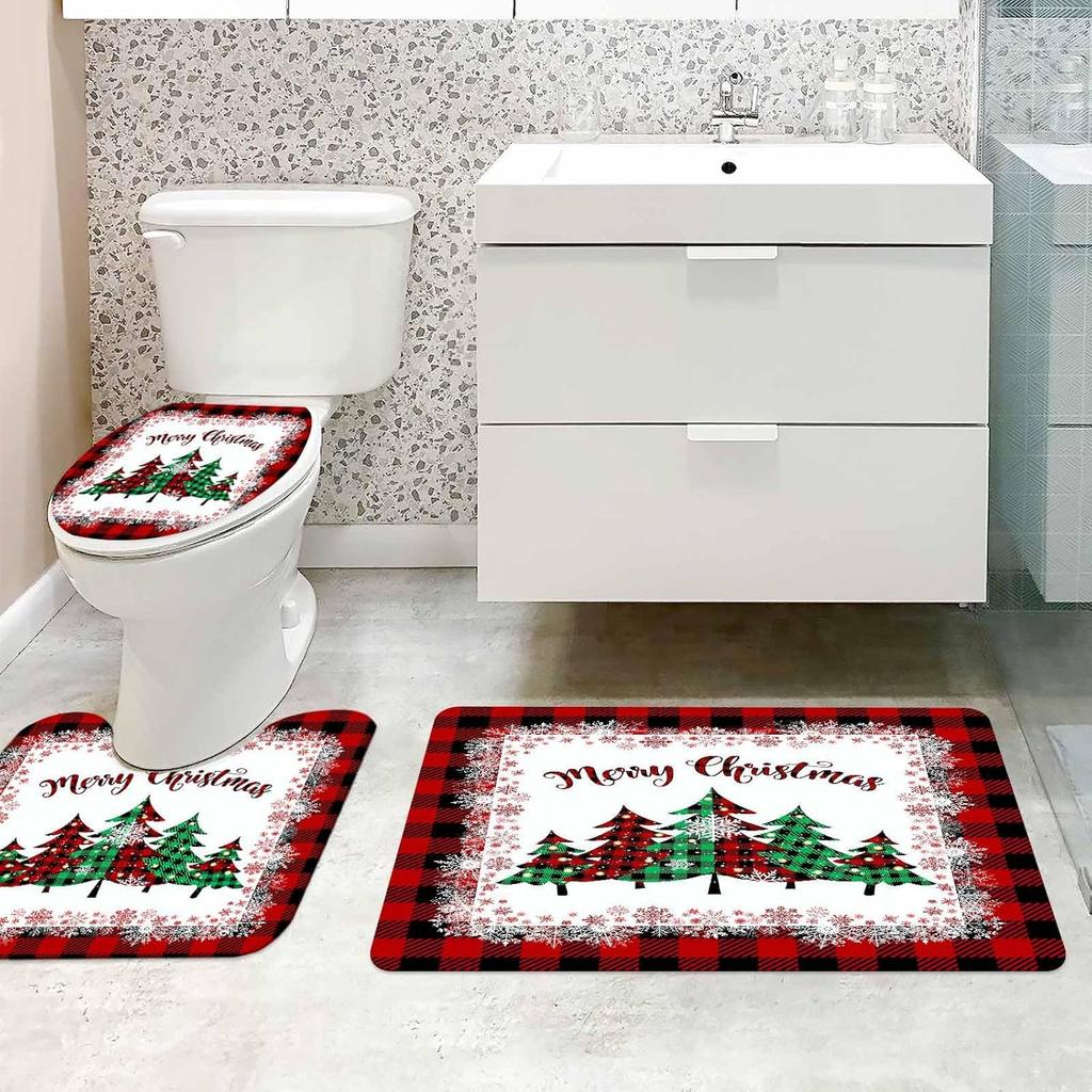 4Pcs Bathroom Shower Curtain Set  Merry Christmas Red Buffalo Plaid Bathroom Curtain With 12 Hooks Non Slip Rugs Toilet Cover Mat Bathroom Partition