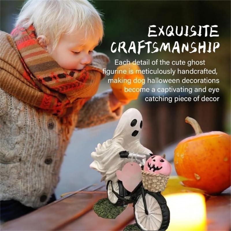 Ghostly Riding on Bicycles with Pumpkin Figurine Sculpture Indoor and Outdoor Resins Ornament Halloween Party Decoration