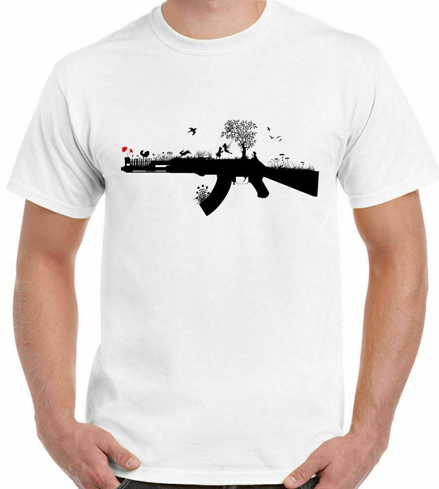 Banksy Style T-Shirt AK47 DTG Mens Graffiti Art World Peace Love Freedom M