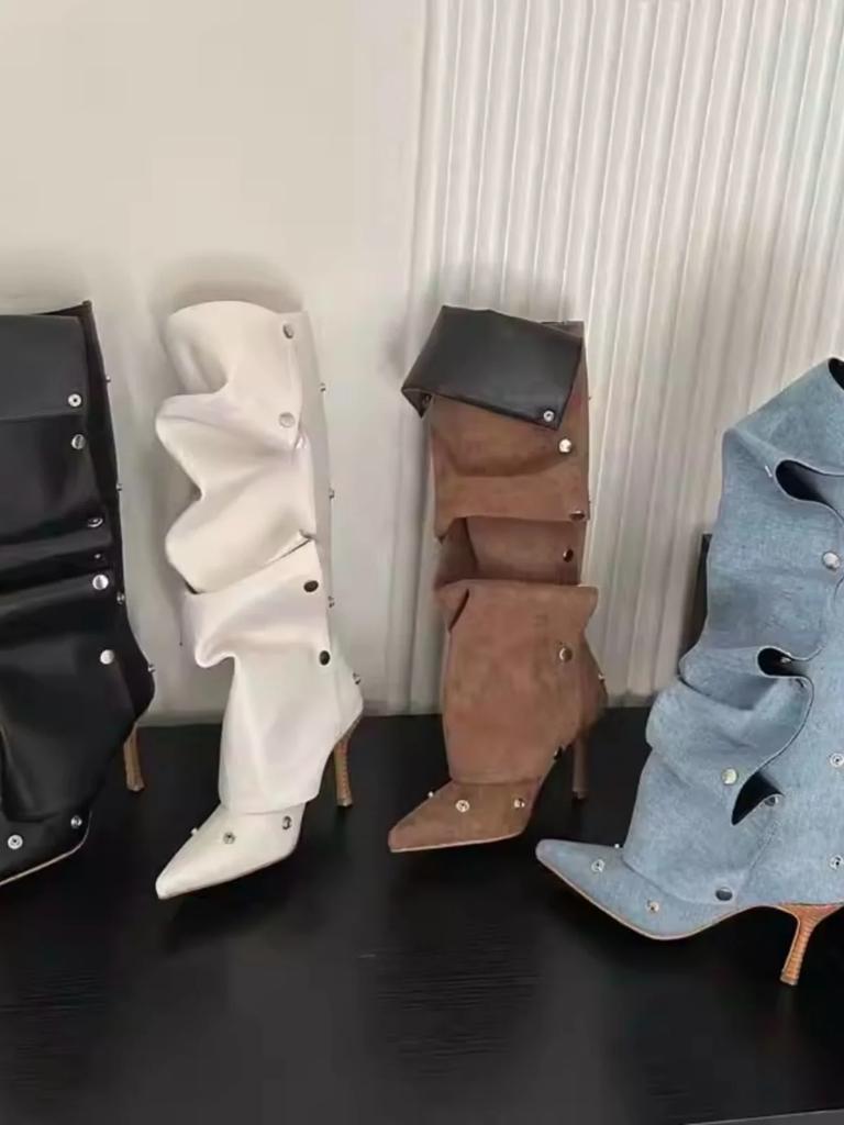 Onlymaker Women Pointed Toe Pleated Thin Heel Knee High Boots Back Zipper Fashion Buttons Stiletto Removable Boots