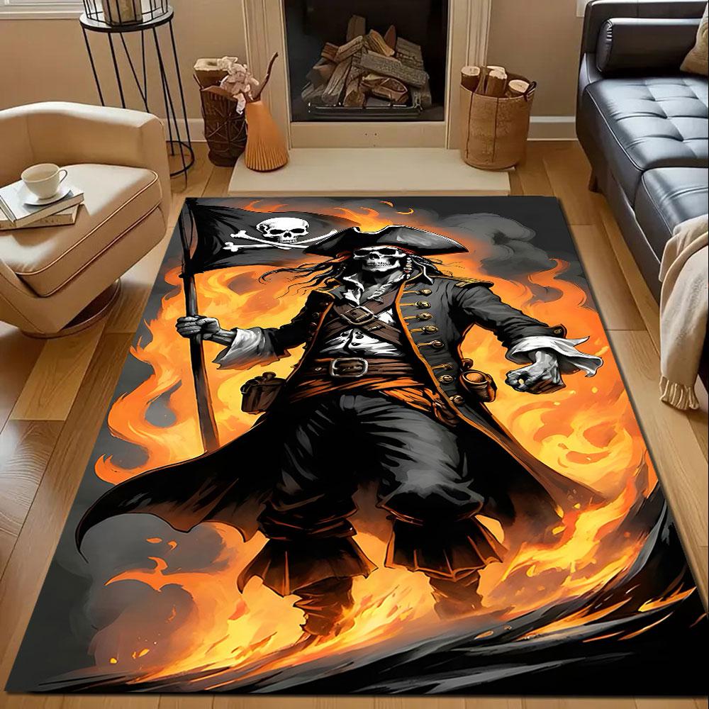 Flaming Skeleton Pirate with Flag Patterned carpet, non slip mat suitable for living room and bedroom sofas
