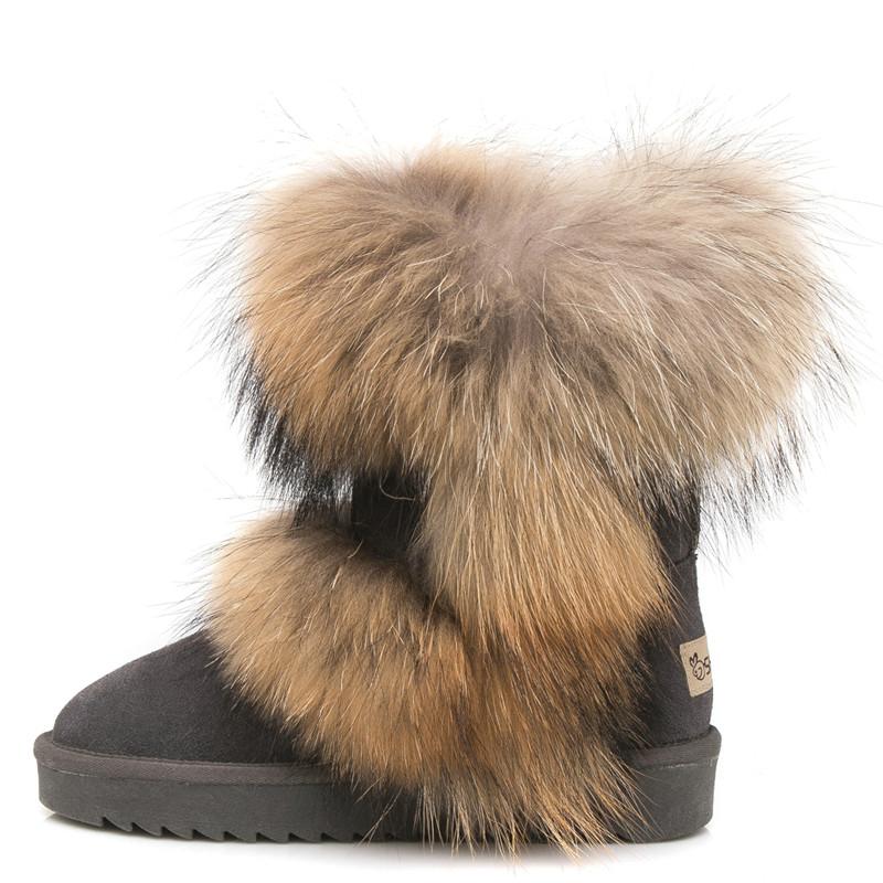 Fashion 2025 All-Match Natural Fox Fur Snow Boots Real Suede Leather Shoes Mid-Calf Knee-High Boots Raccoon Fur Warm Women'S Flat Boots