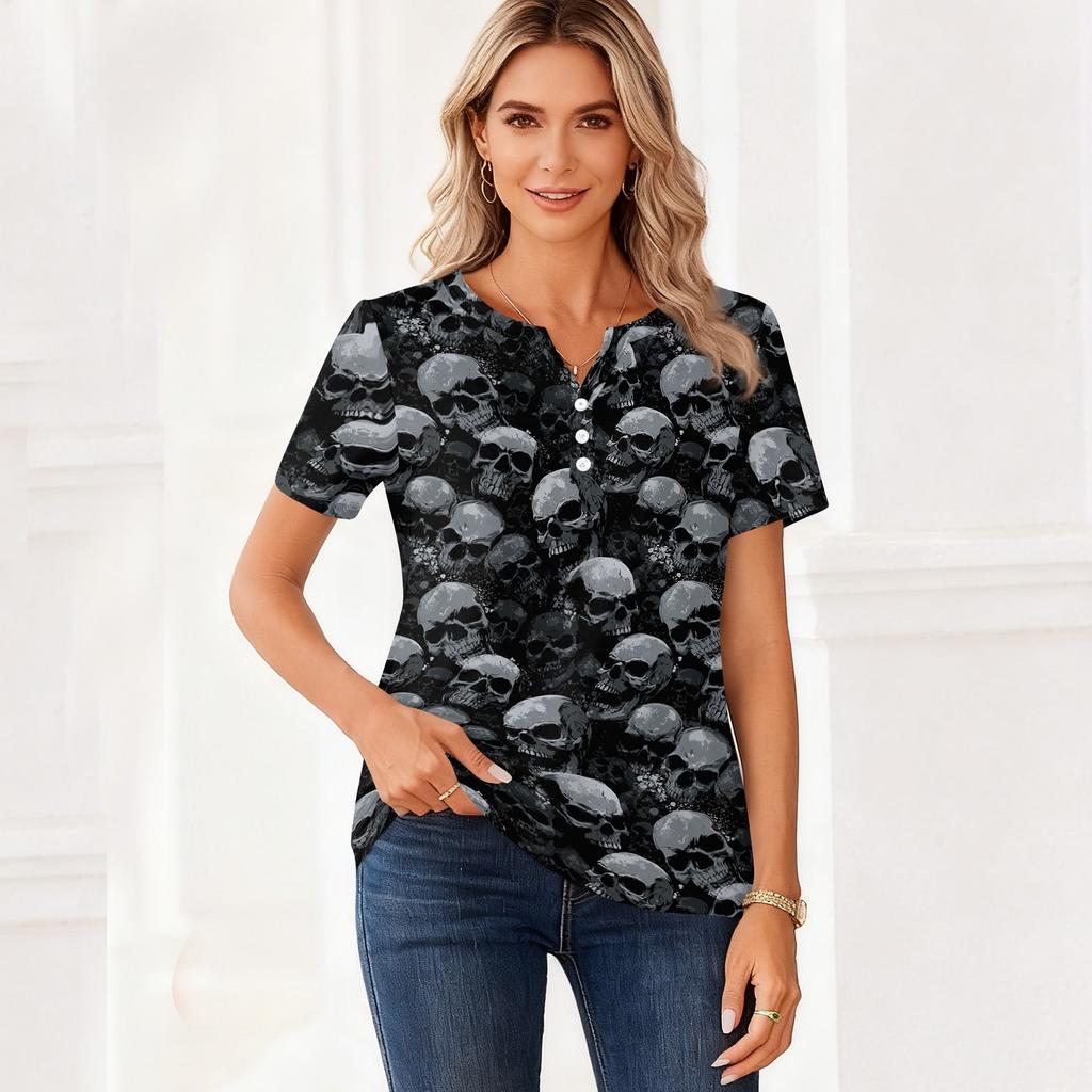 Women's Casual Print V-Neck Short Sleeve T-Shirt with Decorative Buttons