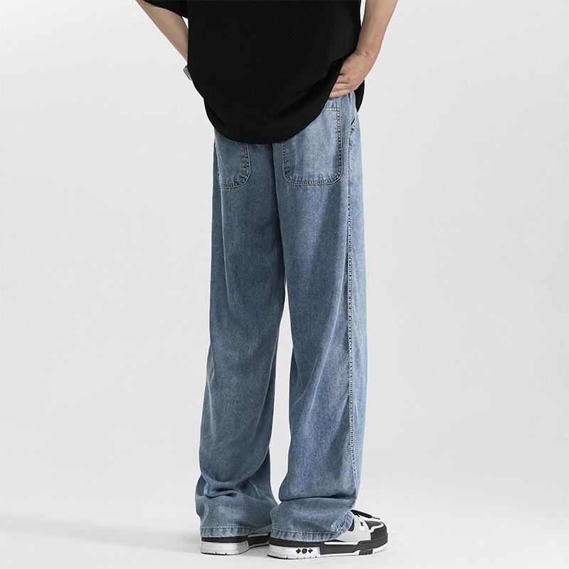 Men's Jeans Summer Thin Ice Silk Pants Retro Washable Old Blue Straight Pants Casual Trousers