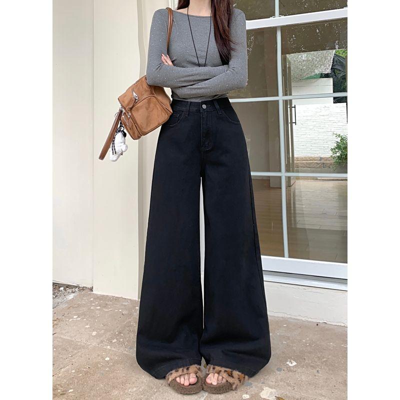 

Kumikumi American vintage Black jeans Straight Pants Women clothes Autumn High Waist Loose Wide Leg Pants Mopping Pants Black XL